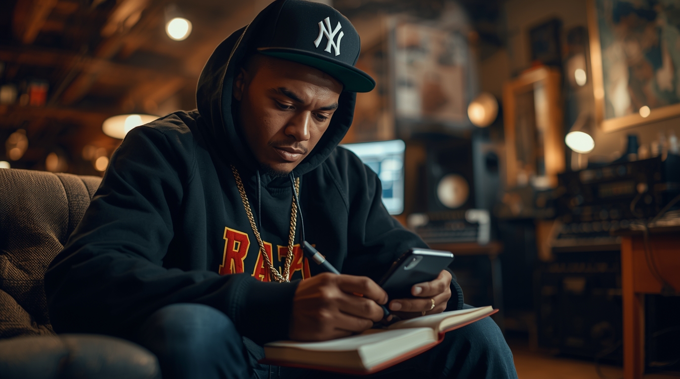 Rapper independente escrevendo letra dentro de estúdio de produção musical