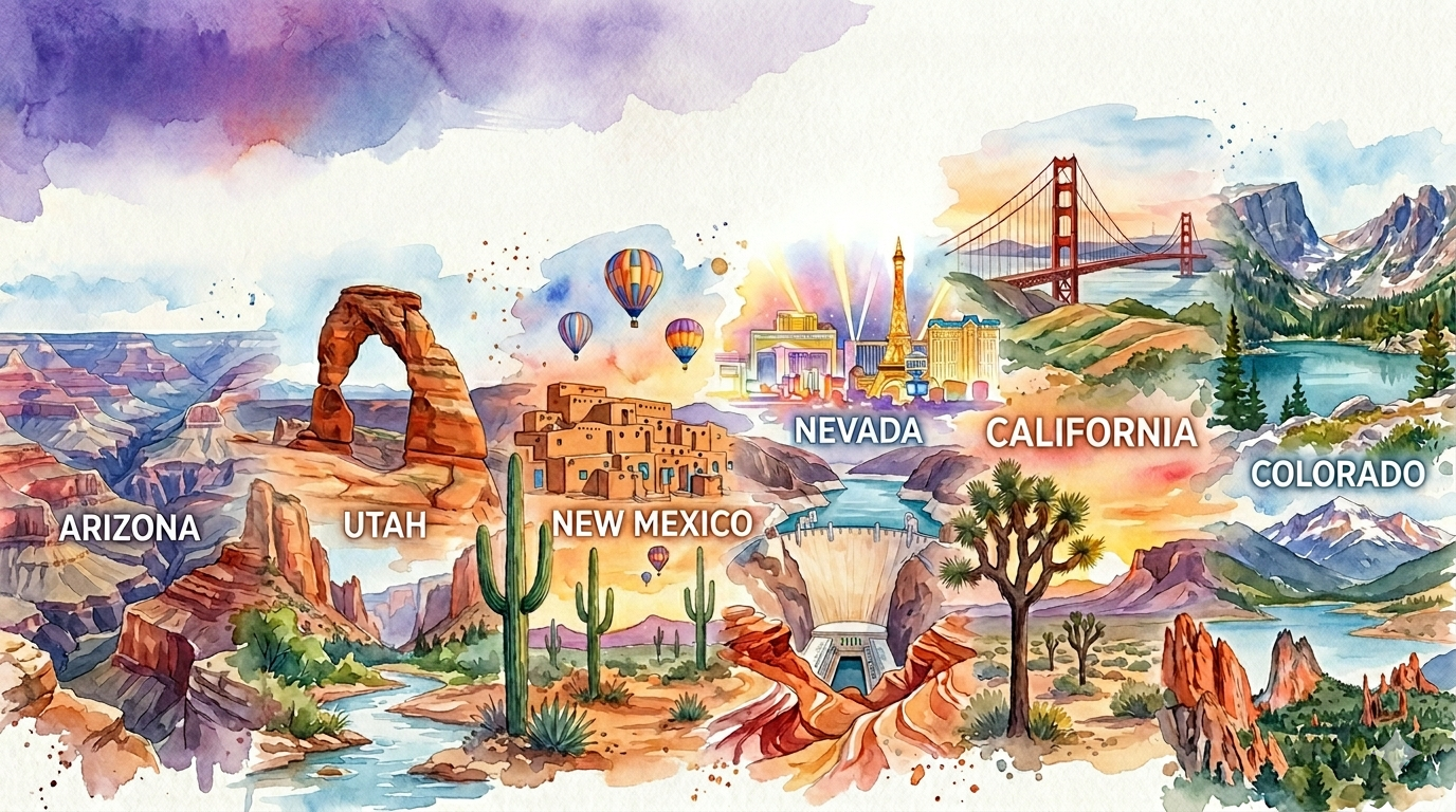 Watercolor rendering of a few sites we've explored in the "Big Six" states of the American Southwest