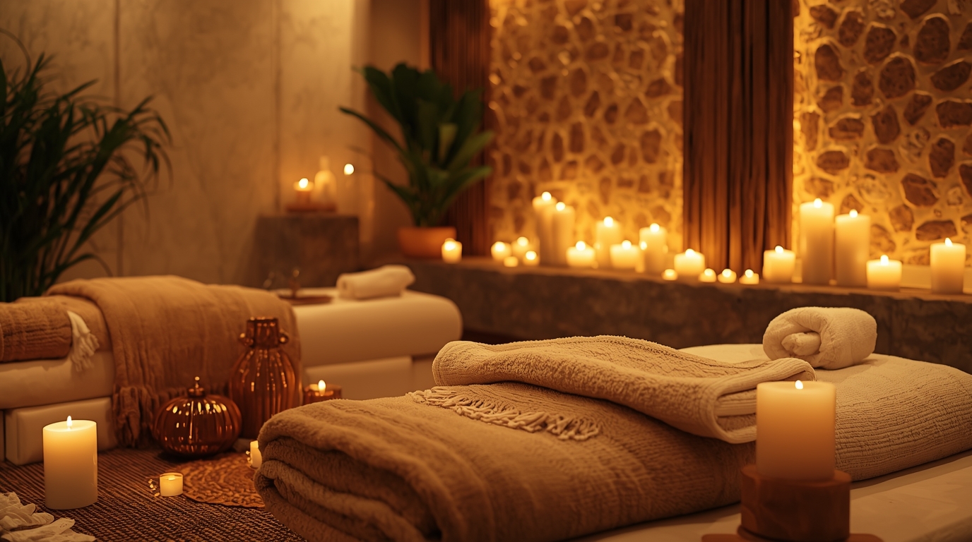 Ambiente de massagem tântrica no Porto com iluminação suave e atmosfera relaxante