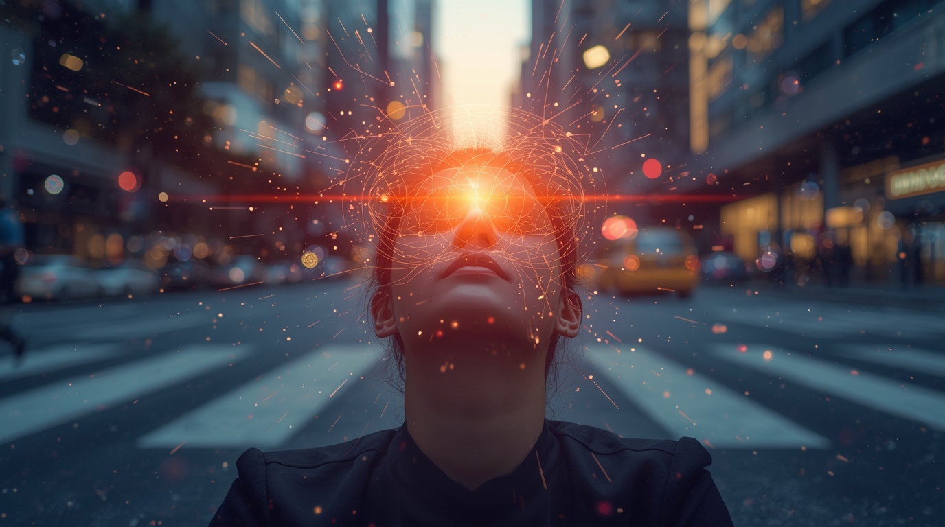 Uma mulher com uma faixa vermelha na cabeça e uma luz vermelha brilhando através dos olhos.