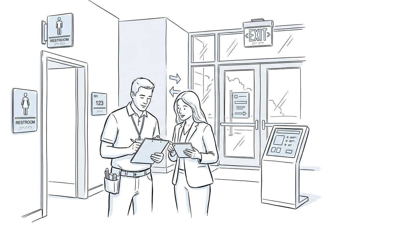 Man and woman reviewing signage audit