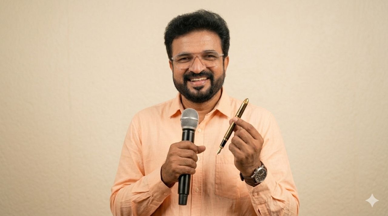 Smiling male professional speaker holding a microphone and fountain pen while giving a presentation.