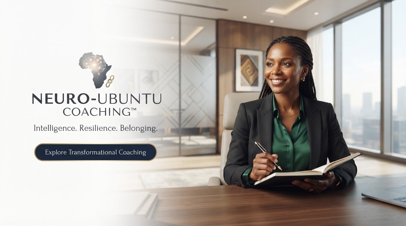 Professional female executive at desk for Neuro-Ubuntu transformational leadership coaching.