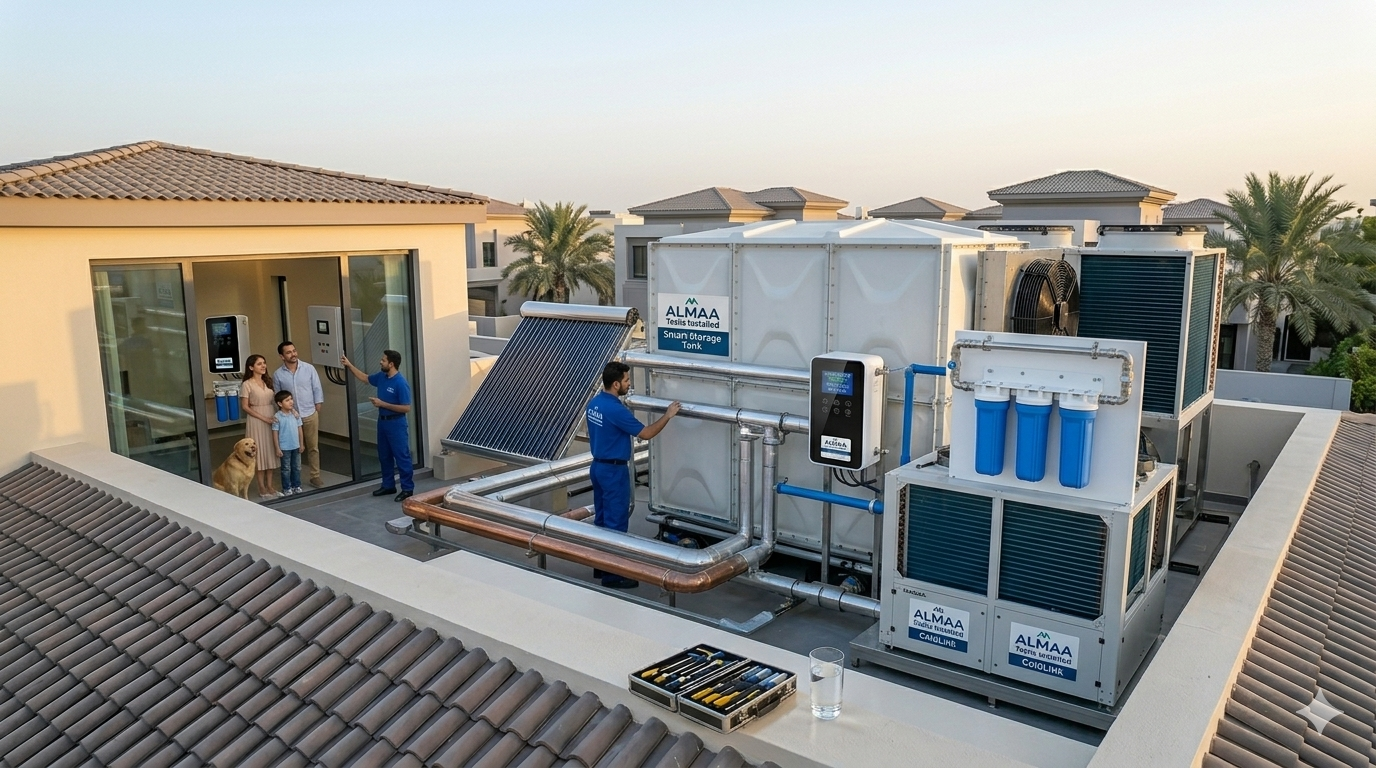 Technician installing an Almaa smart storage tank and solar water heating system on a modern rooftop.