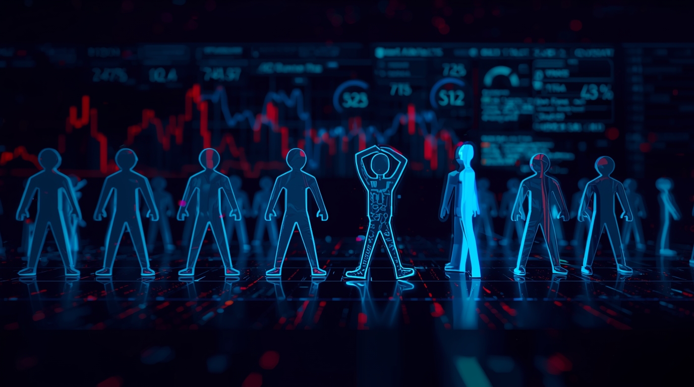 um grupo de pessoas em pé em frente a uma parede com luz azul