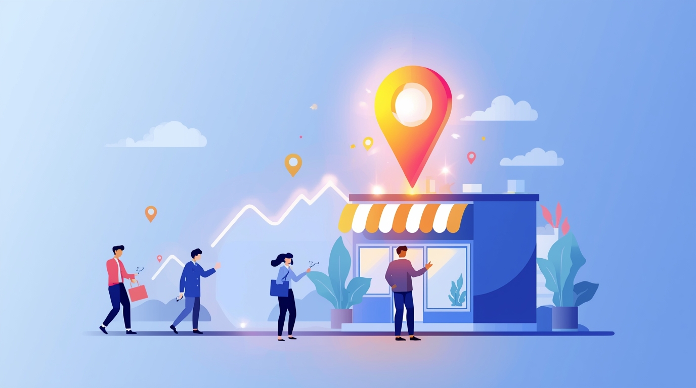 um grupo de pessoas em pé em frente a um prédio com um ponteiro de mapa