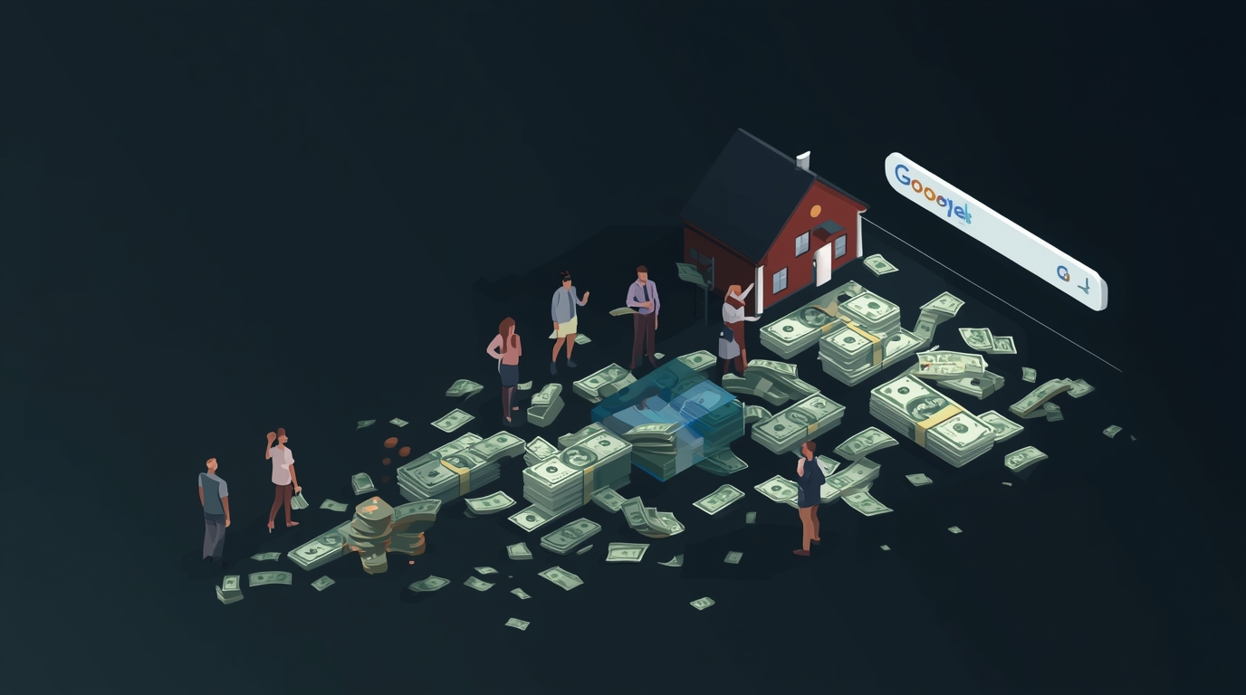 um grupo de pessoas em volta de uma casa com dinheiro