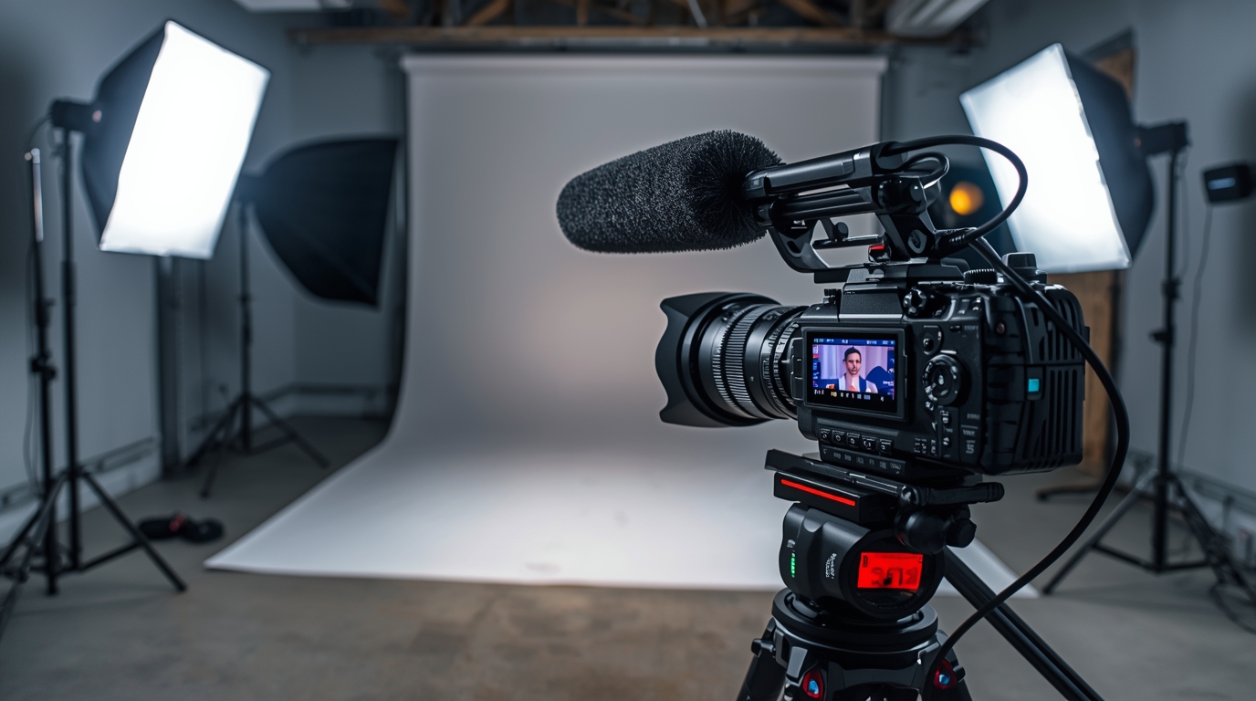 Equipamentos de produção de vídeo com iluminação, áudio e câmera em estúdio profissional