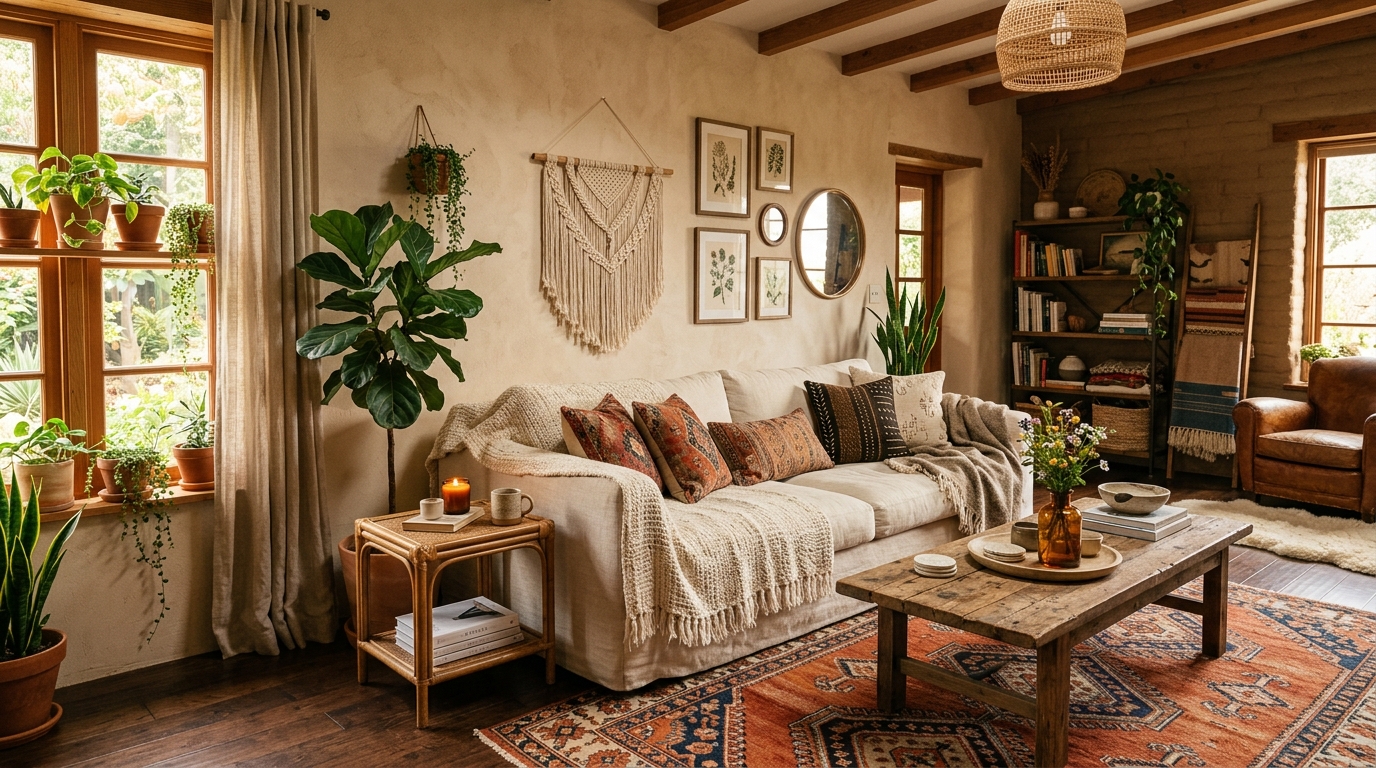 Photorealistic editorial vignette of three hammered brass Moroccan-style tealight lanterns in slight