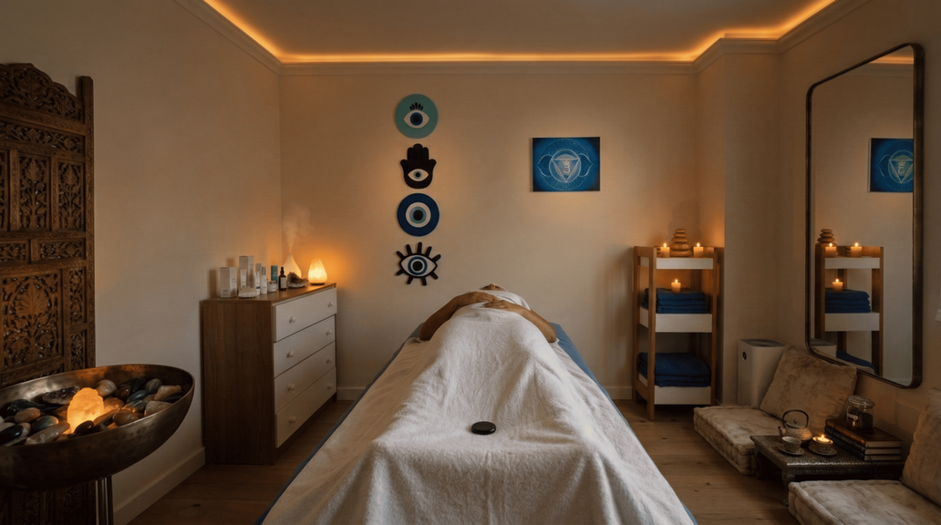 Persona recibe terapia de masaje en camilla, habitación tranquila, luz tenue, y motivos espirituales