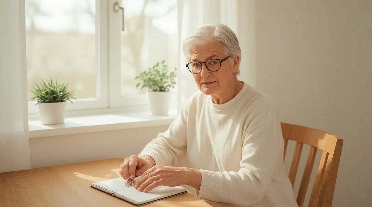 Ruhige Alltagsszene mit einer älteren Person, Notizen liegen auf dem Tisch, vermitteln Orientierung und Gelassenheit