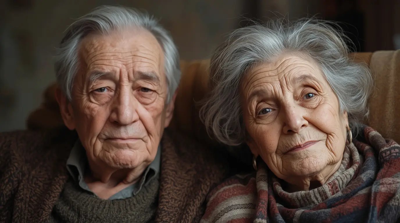 Älterer Mann und ältere Frau sitzen nebeneinander in ruhiger Atmosphäre und zeigen stille Nähe und Unterstützung