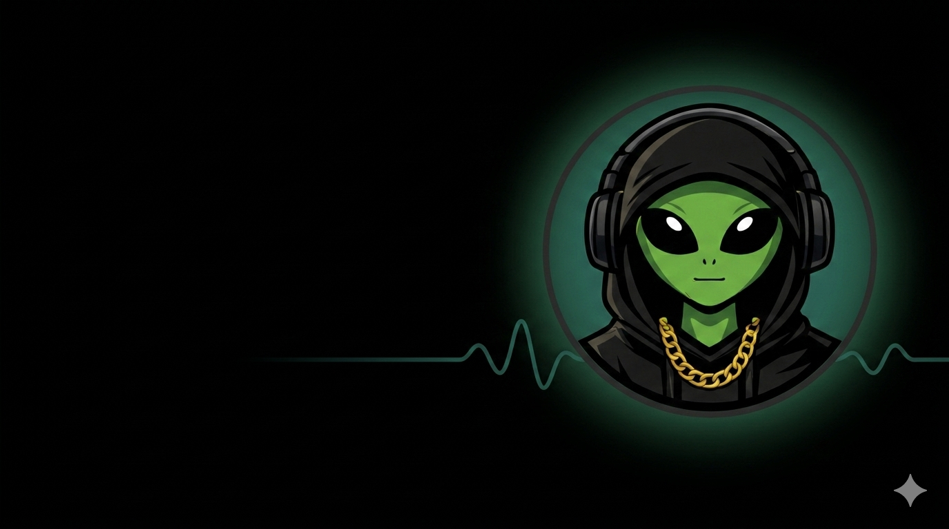 Cool green alien wearing a black hoodie, gold chain, and headphones on a dark background.