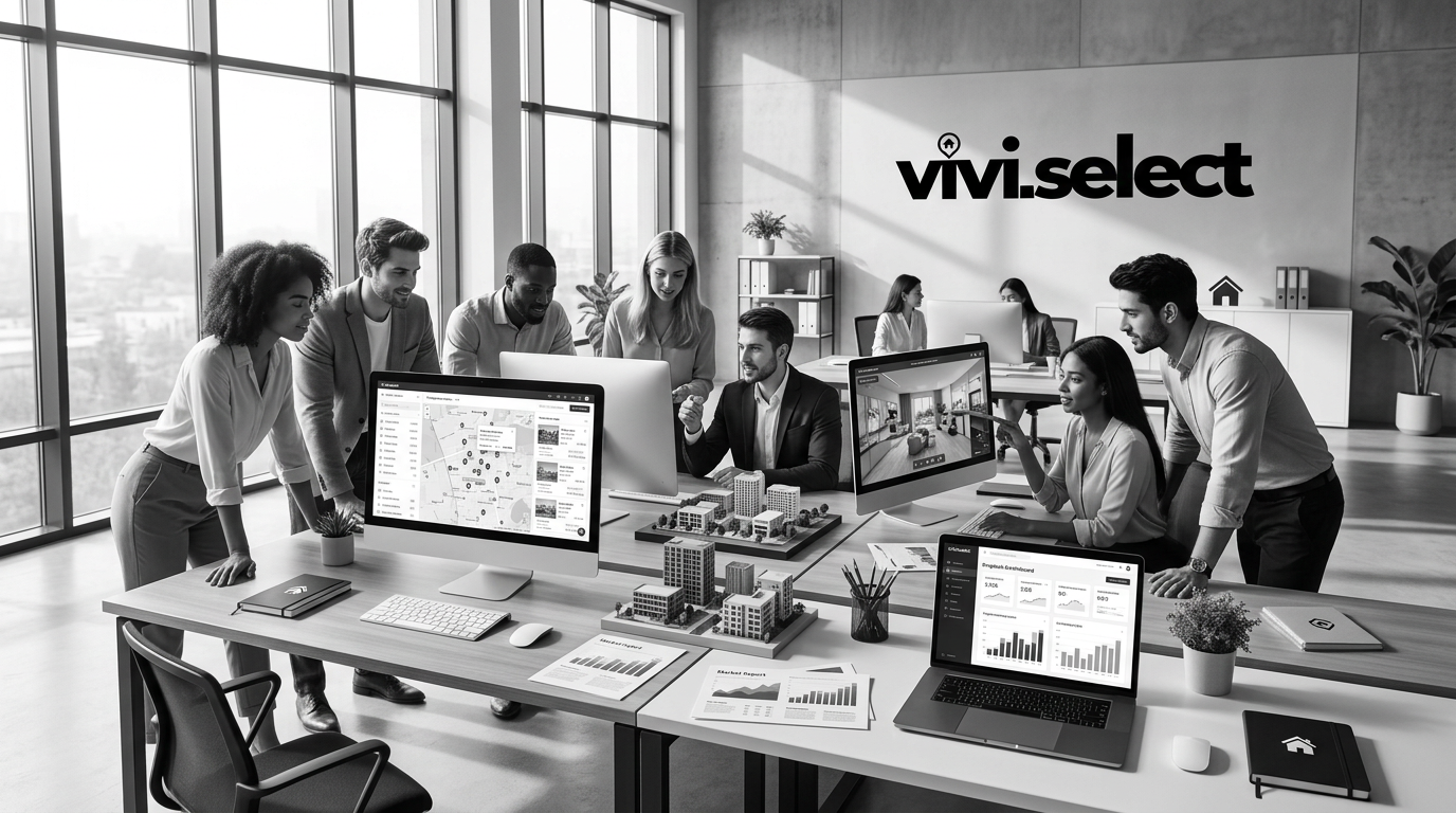 Real estate team collaborating on a digital marketing platform with property data dashboards and 3D architectural models.