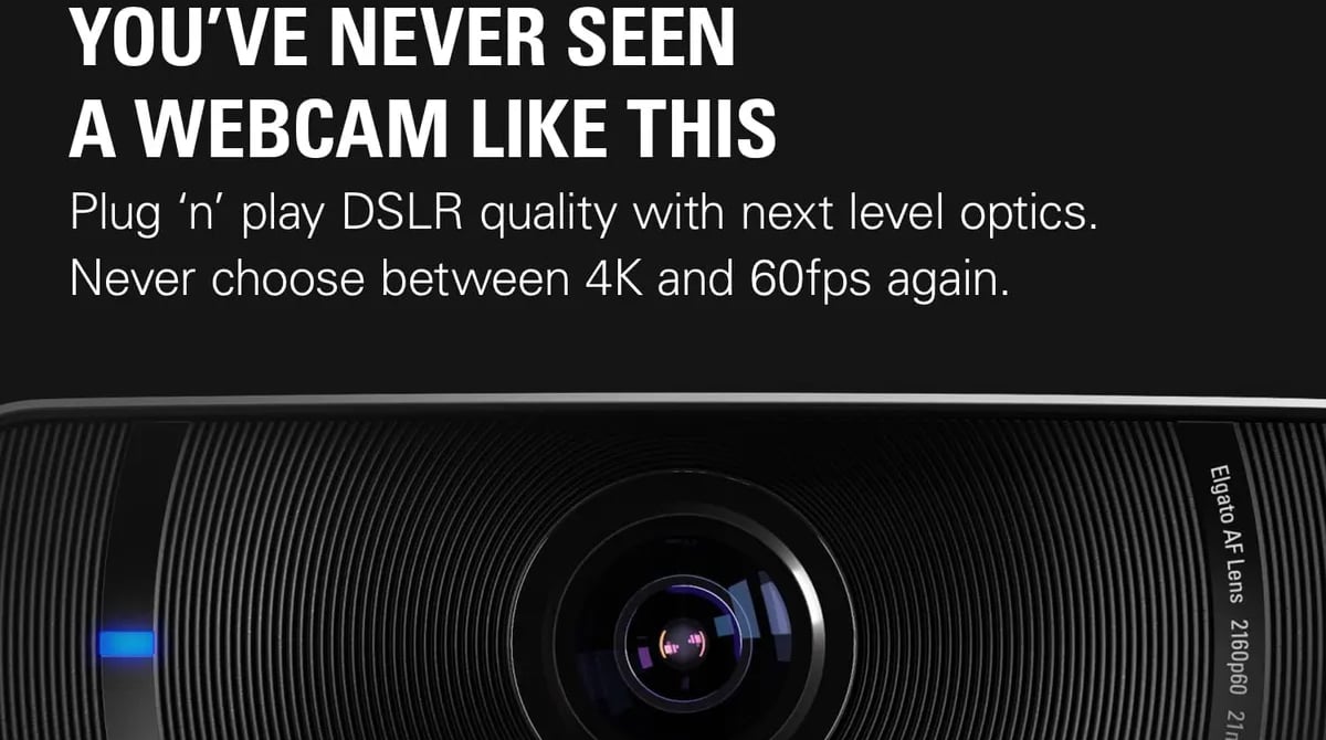 Detalle de lente y diseño de cámara web 4K para creadores: controles manuales, FOV ajustable