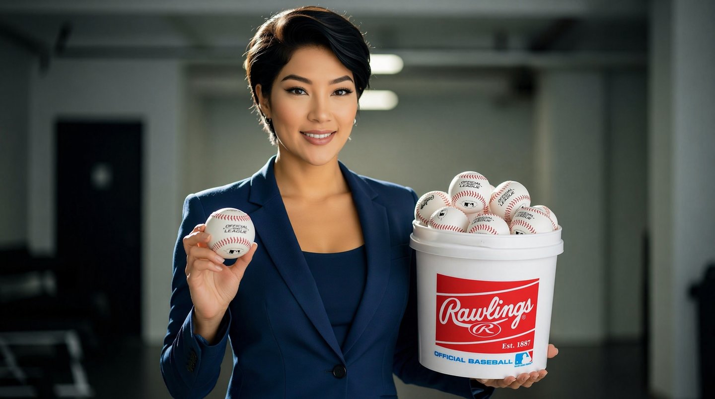 Professional woman holding a Rawlings bucket filled with official league baseballs in a training facility.