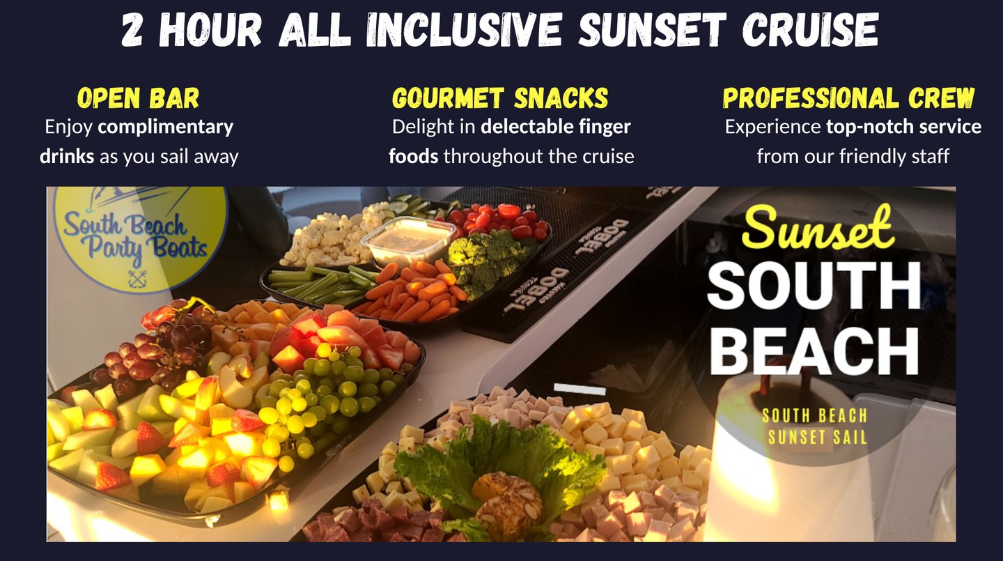 Gourmet snack platters on a South Beach sunset cruise with open bar and professional crew.
