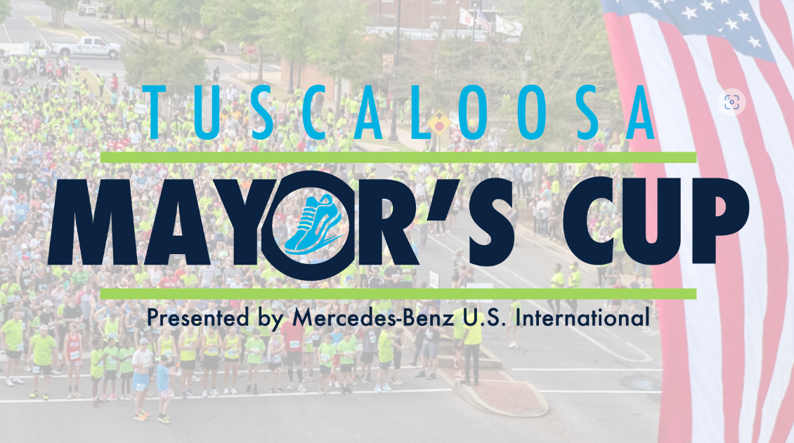 The Logo of the Tuscaloosa Mayor's Cup presented by Mercedes-Benz with a US Flag and runners