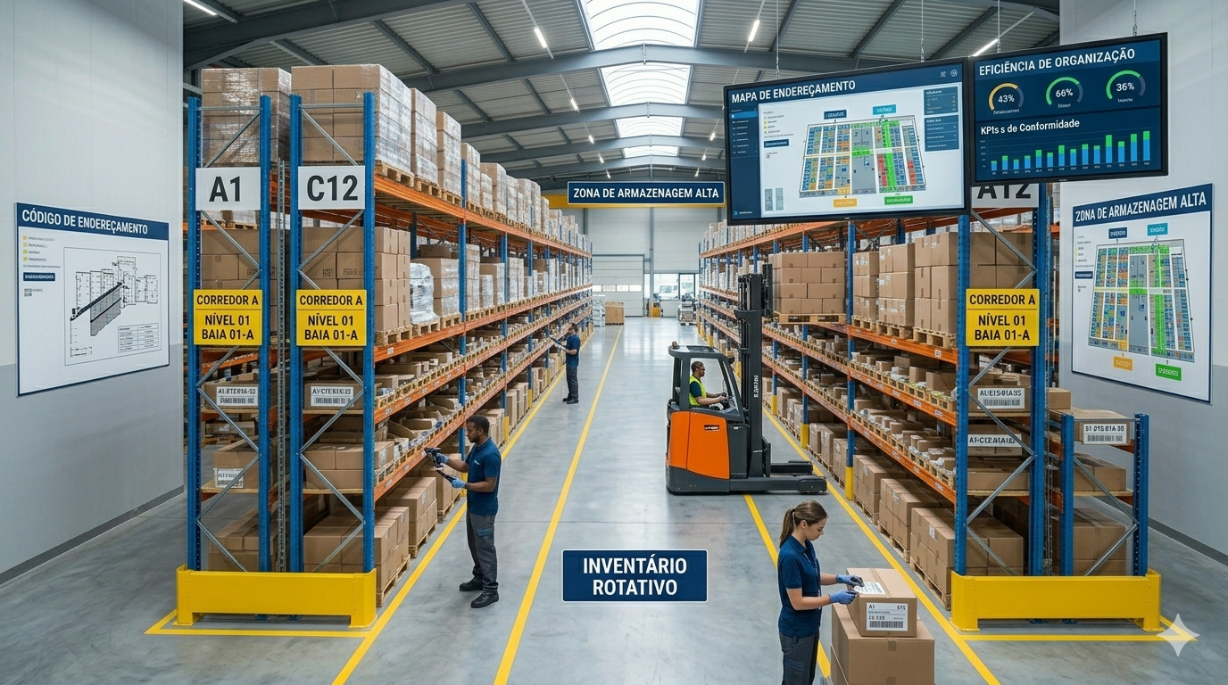 "Técnicas de organização e endereçamento logístico em armazém inteligente."