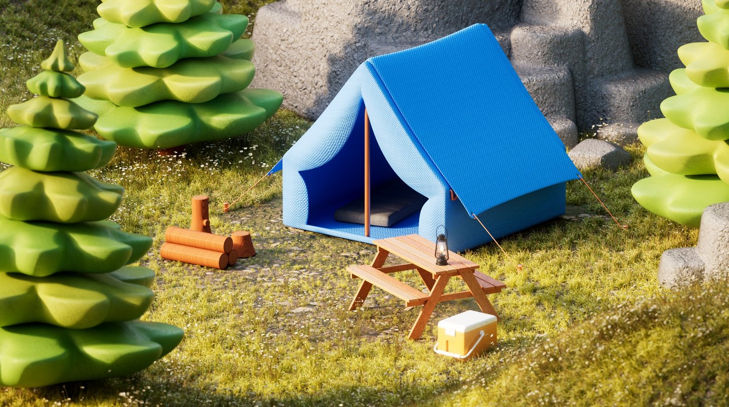 a blue tented tent with a picnic table and chairs made in 3d