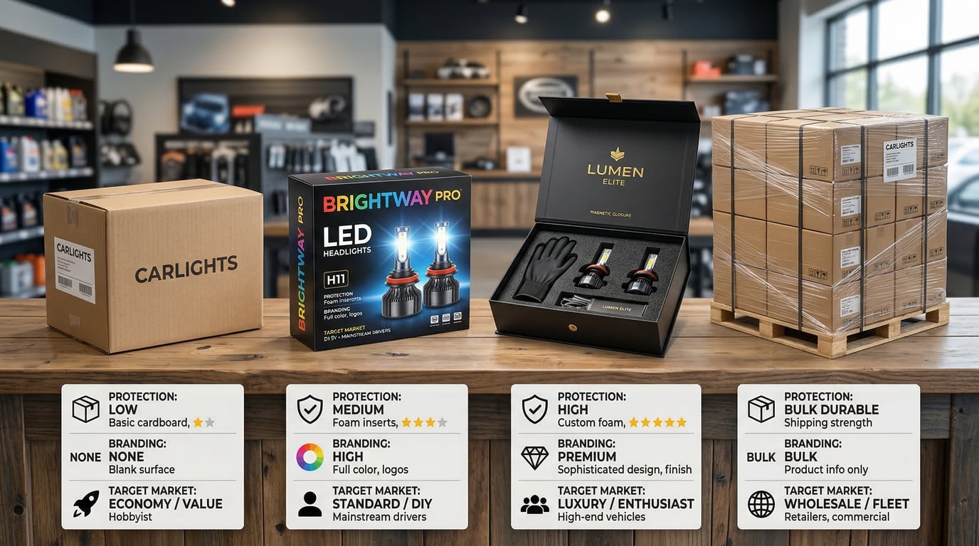 Automotive lighting packaging options from neutral to branded and premium retail-ready packaging