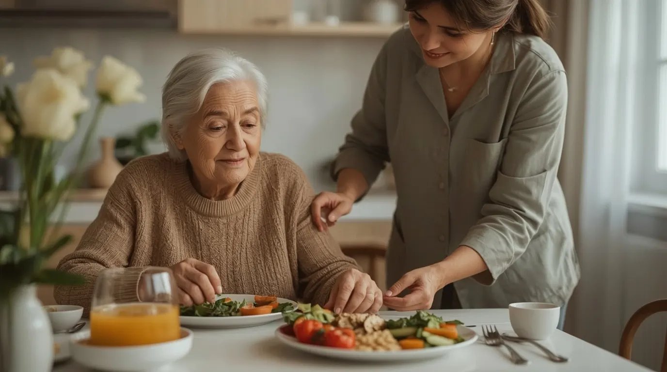 Ältere Person sitzt an einem Esstisch mit einer nahrhaften Mahlzeit, unterstützt von einer Angehörigen