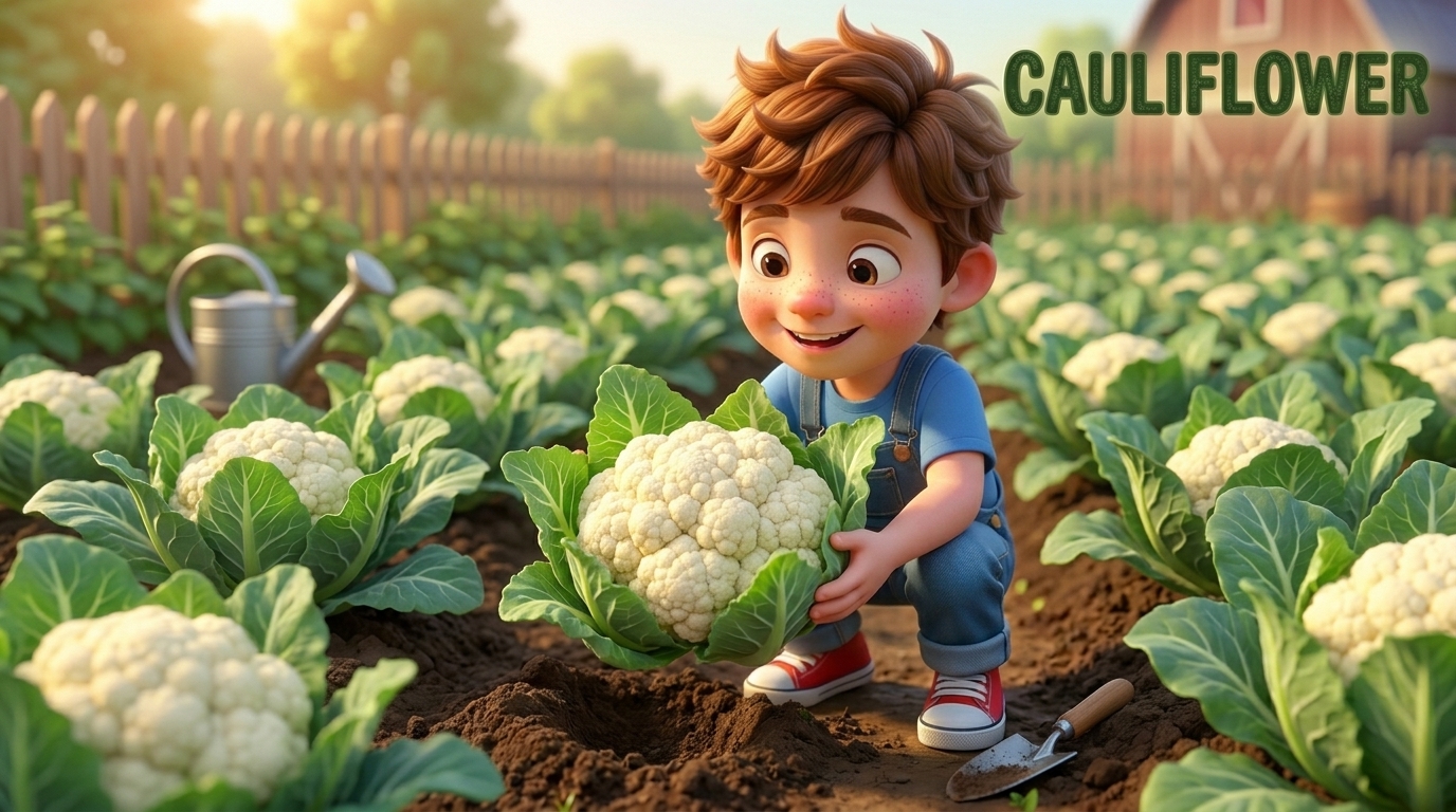 Cartoon boy harvesting fresh white cauliflower from a sunny garden vegetable patch.