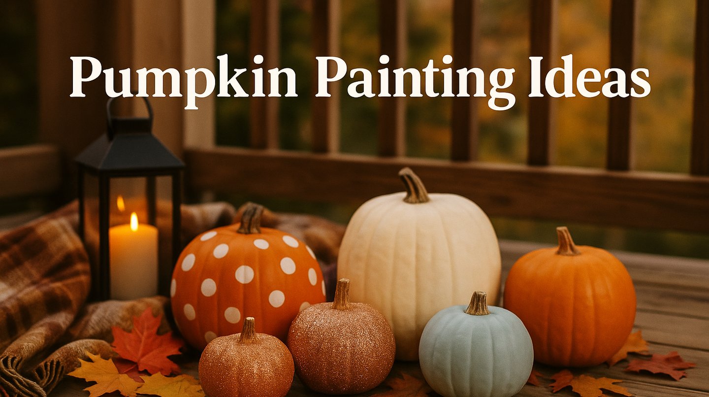 pumpkin painting ideas shows various colored pumpkins on a rustic porch