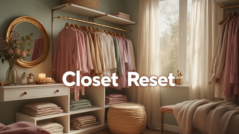 Wide, cinematic shot of a vibrant, feminine walk-in closet filled with color, texture, and glowing 