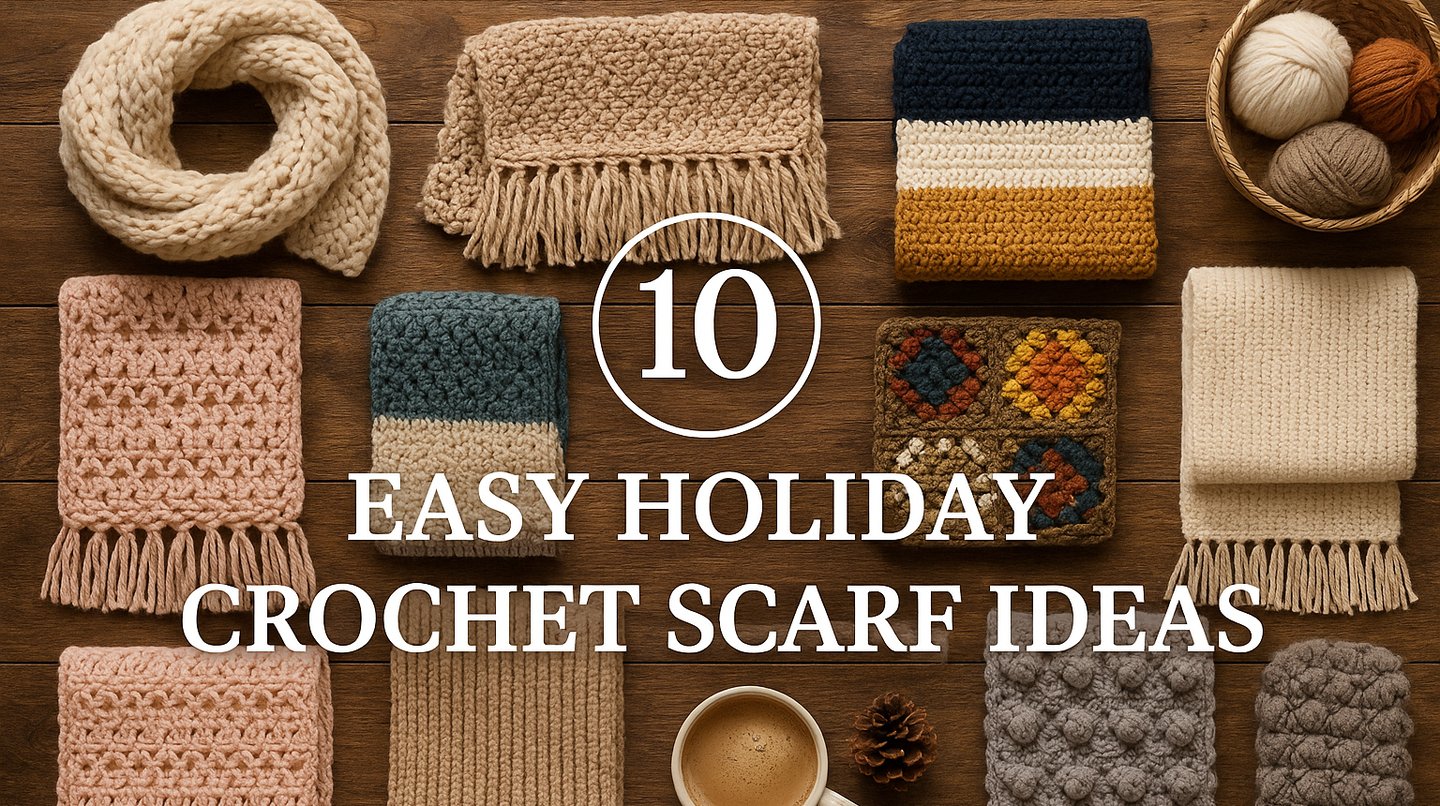 Ten handmade crochet scarves on wood background with centered text 10 Easy Holiday Crochet Scarf