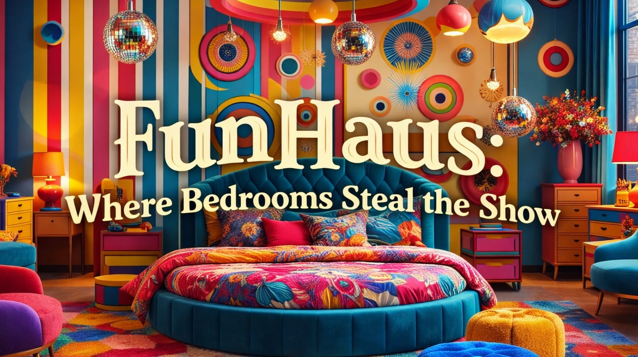 Cinematic FunHaus bedroom interior inspired by modern circus aesthetics.