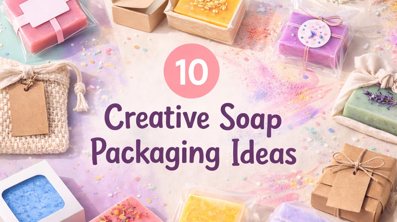 Handmade soap packaging ideas featuring colorful soaps in eco-friendly wraps and boxes
