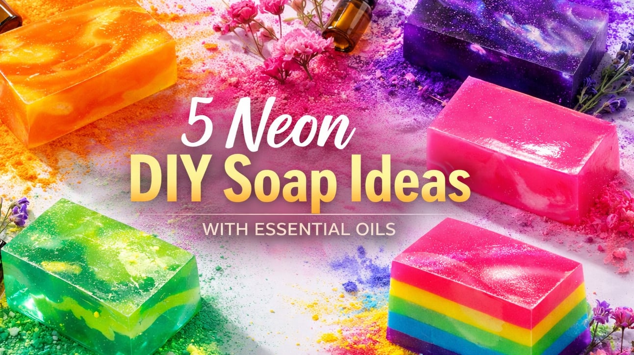 Editorial lifestyle flat lay featuring five neon handmade soap bars arranged in a loose, artistic 