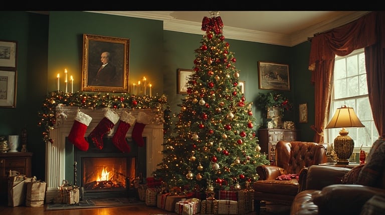 Ralph Lauren-style living room with tree, plaid stockings, and fireplace.
