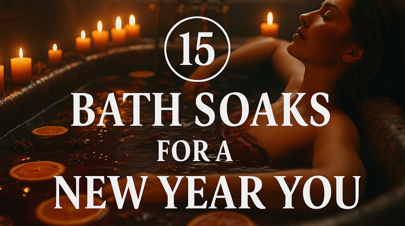 Woman relaxing in a candlelit wine bath with orange slices, featuring centered text 15 Bath Soaks 