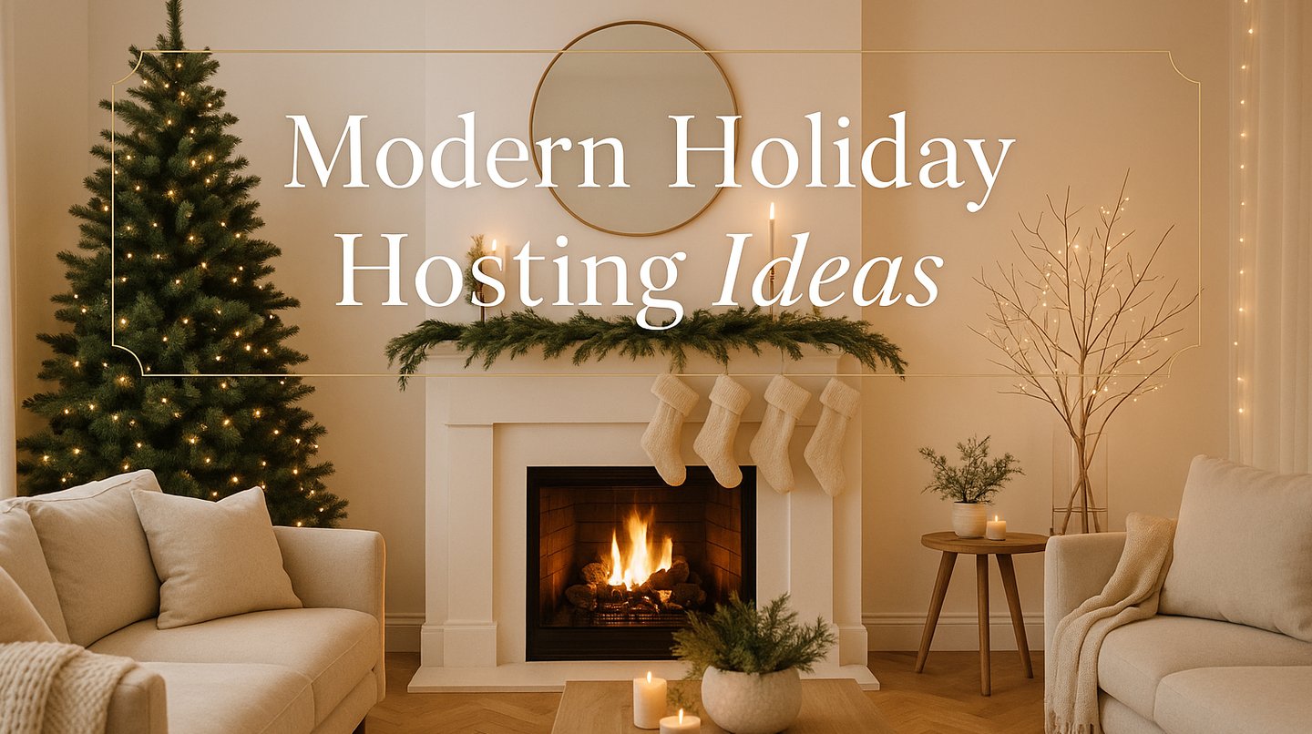 Modern minimalist holiday living room with cedar garland and soft lighting