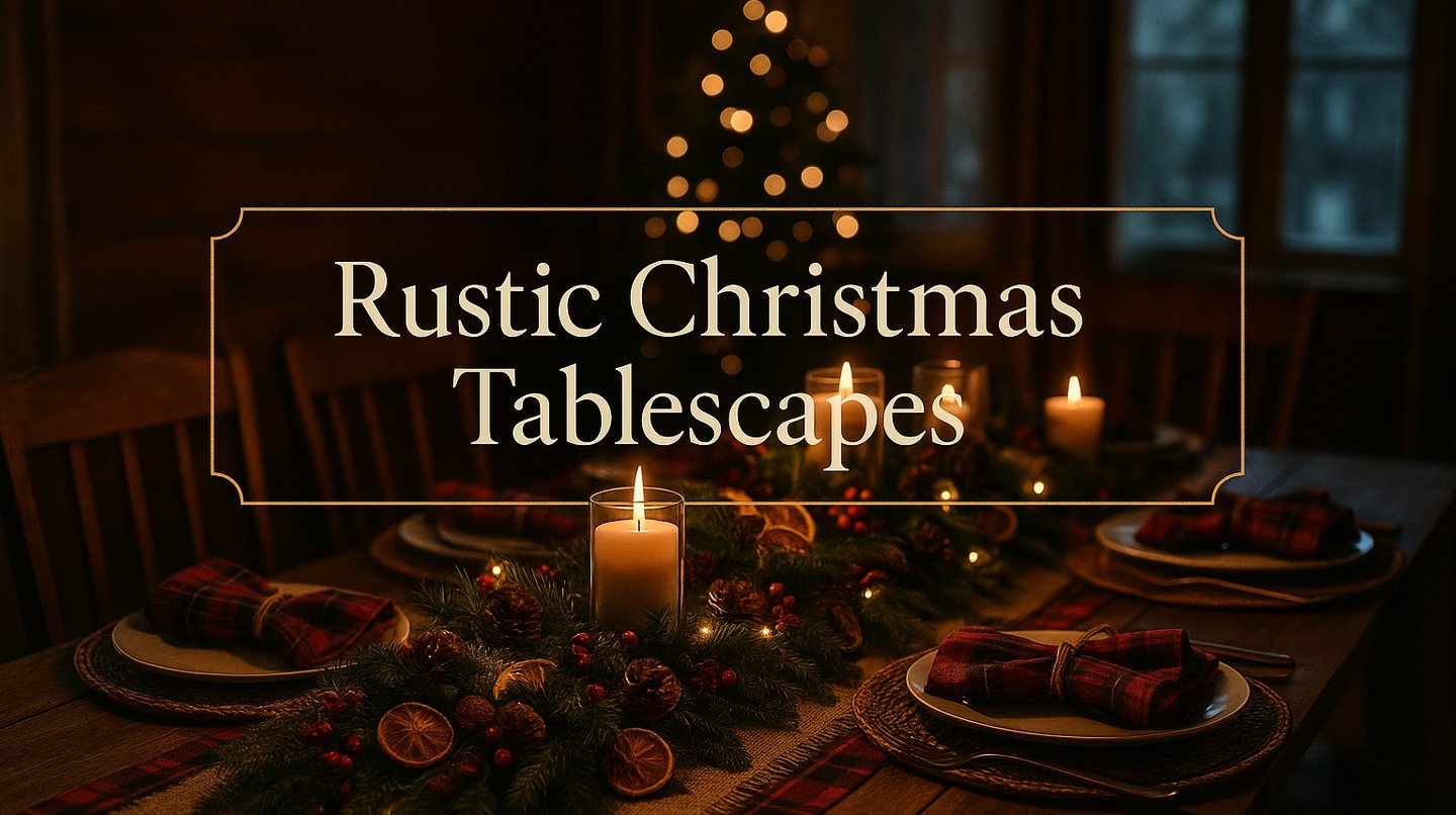 Elegant rustic Christmas dinner table with candles, greenery, and cozy layered textures.