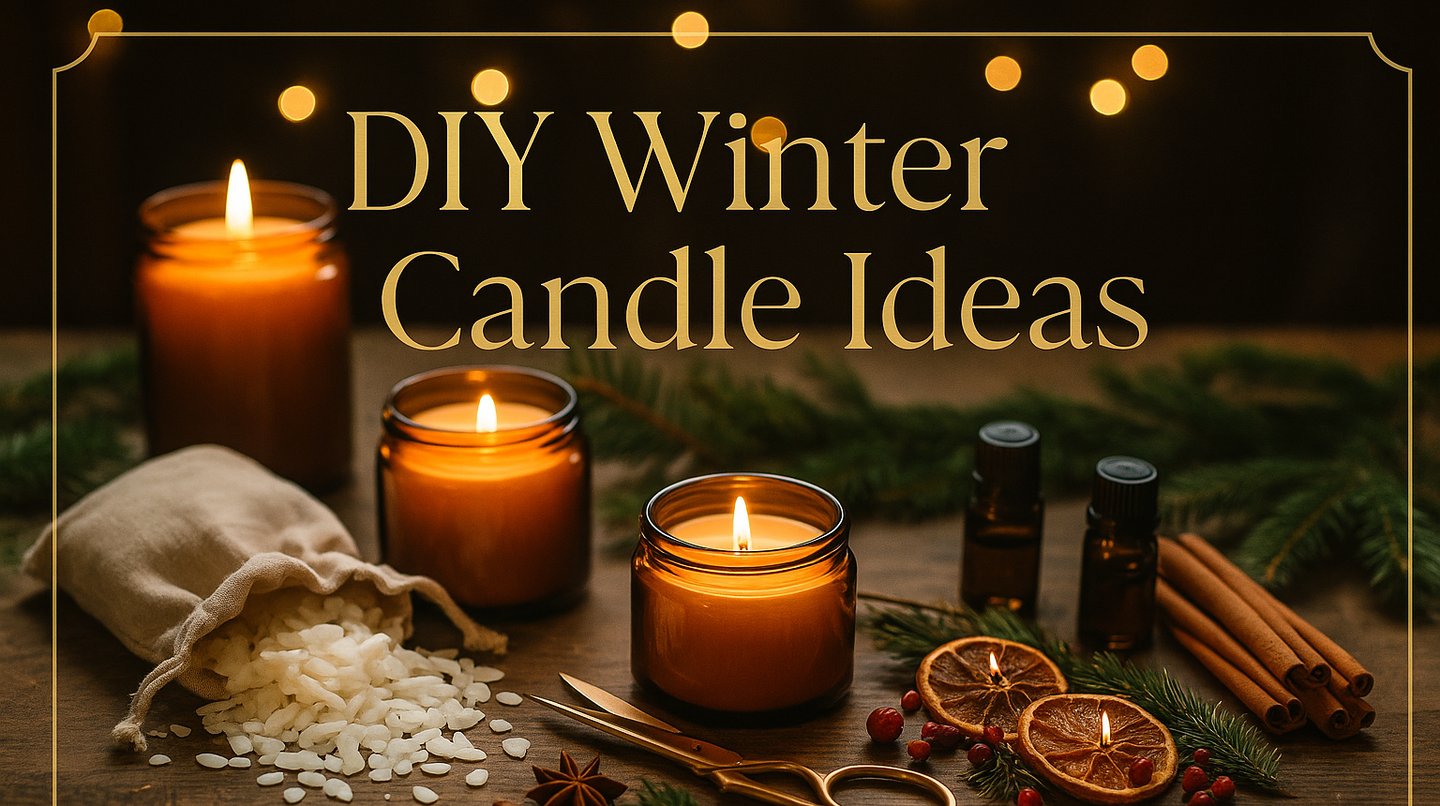 Elegant holiday flat-lay with glowing DIY winter candles, pine branches, dried oranges, and gold 