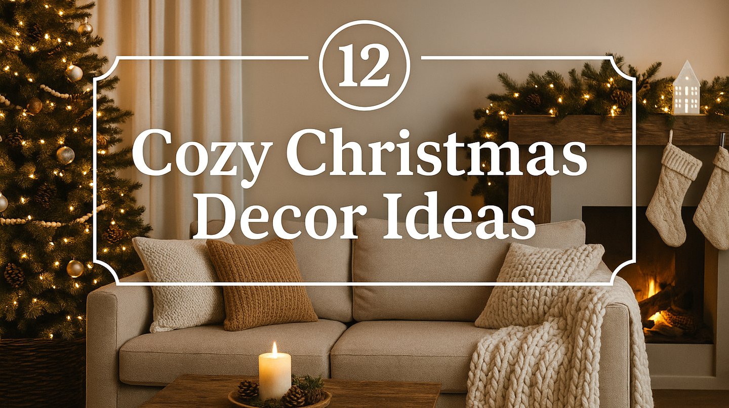 Cozy Christmas living room with tree, candles, and sofa, featuring text overlay “12 Cozy Christmas 