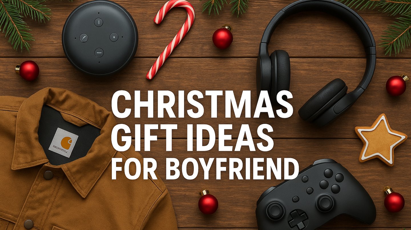 Christmas gift ideas for boyfriend flat lay with jacket, headphones, and festive decor.