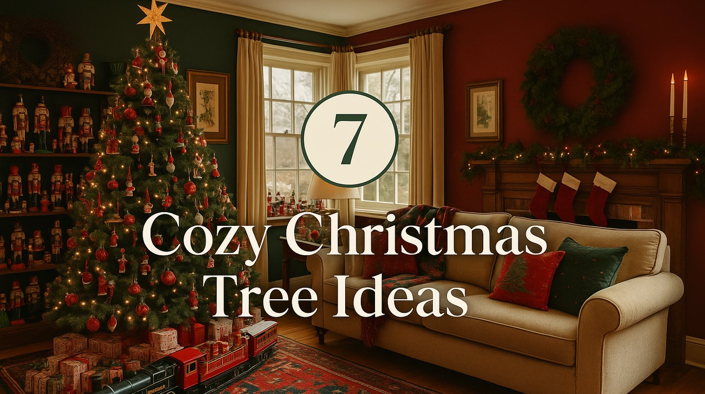 A cozy Christmas living room with a decorated tree, wrapped gifts, and a vintage train under tree