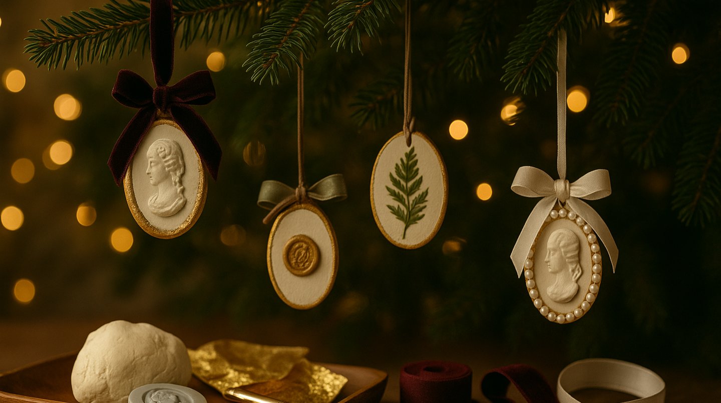 Handmade air-dry clay cameo ornaments with gold leaf and velvet ribbons displayed on Christmas tree