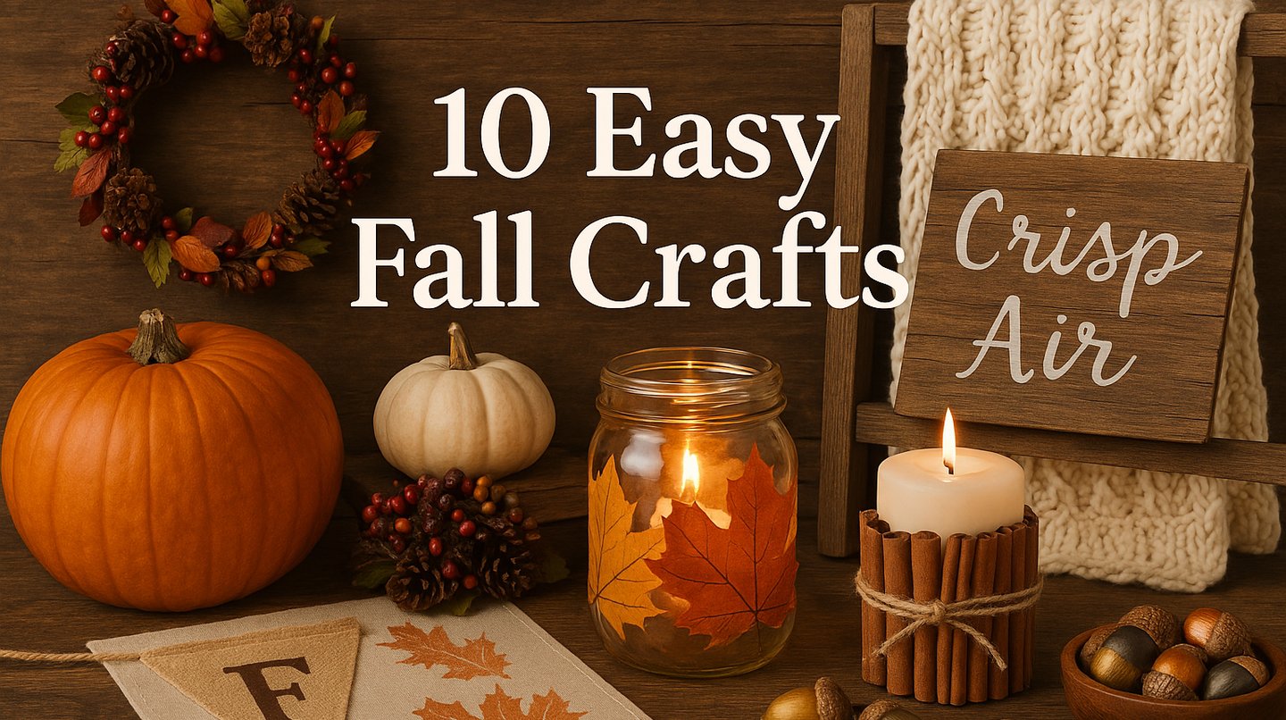 Horizontal feature image of cozy fall crafts including pumpkins, a mason jar lantern 