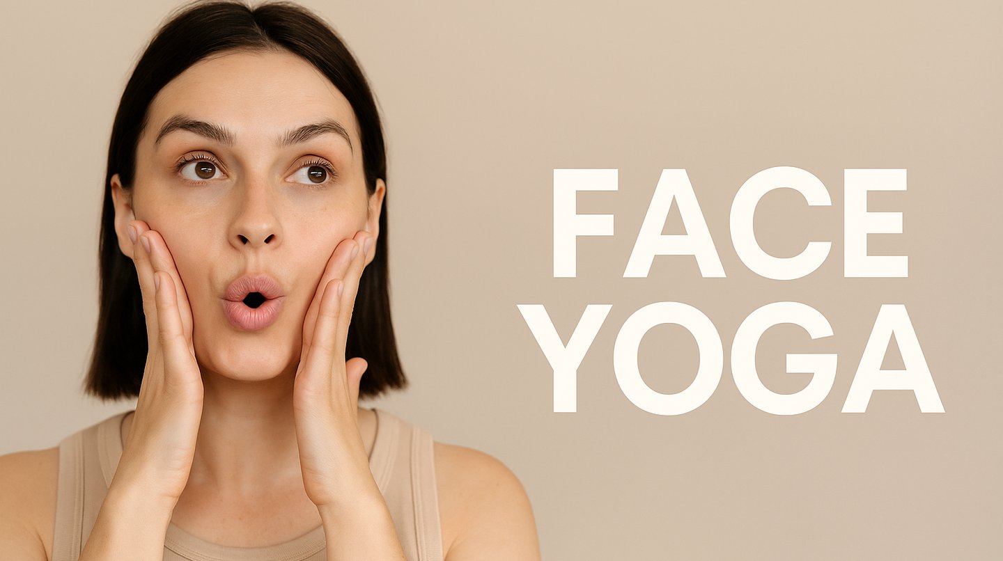 Horizontal feature image of a woman practicing face yoga with hands on her cheeks