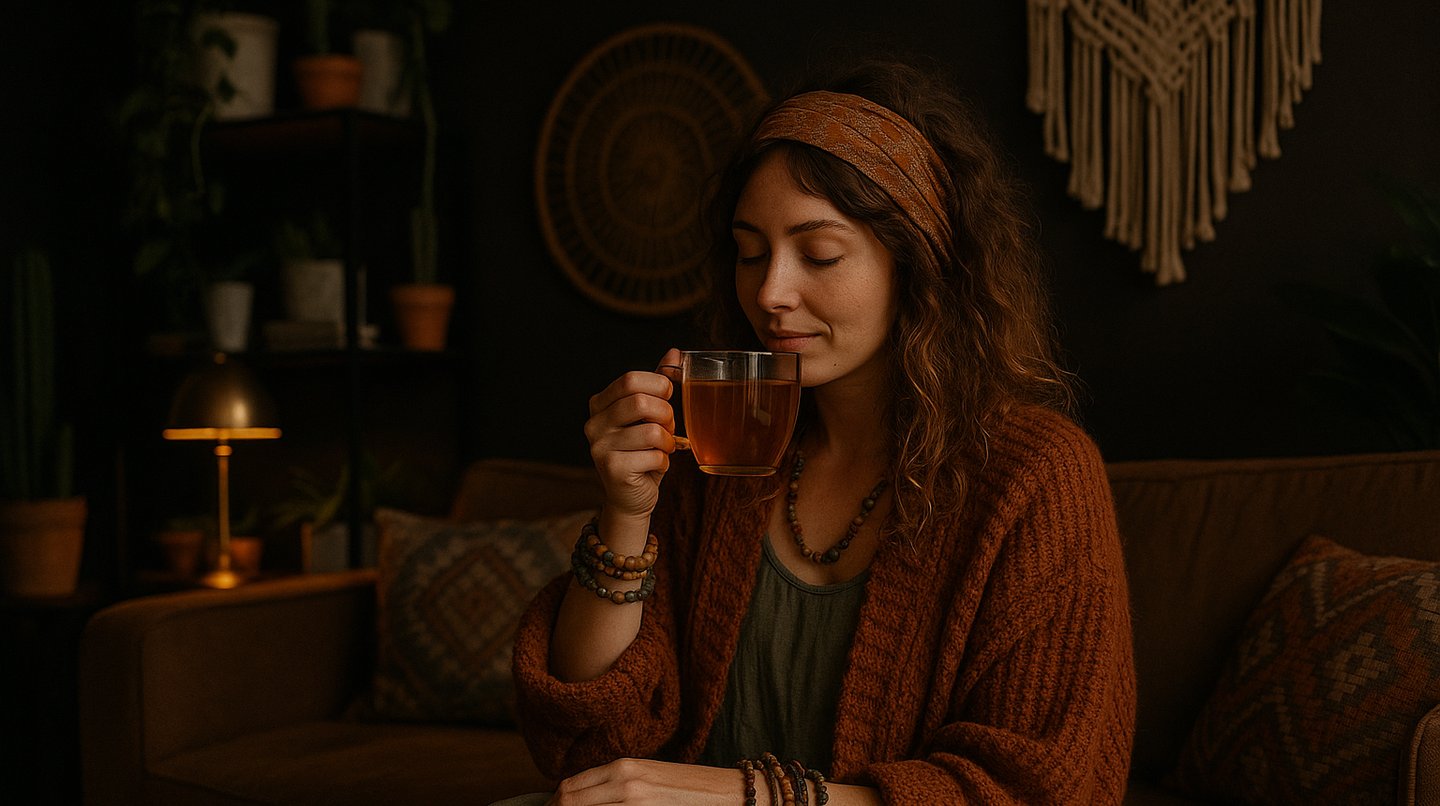 Boho Woman sitting in her living room drinking Ashwagandha Tea. 