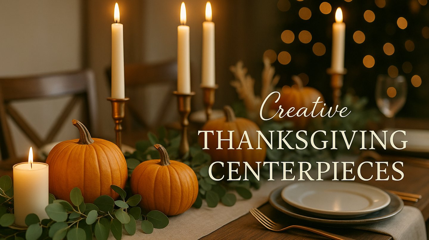 Cozy Thanksgiving table with pumpkins, candles, and eucalyptus garland centerpiece.