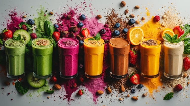Colorful row of seven beauty-boosting smoothies with fresh ingredients shot from above