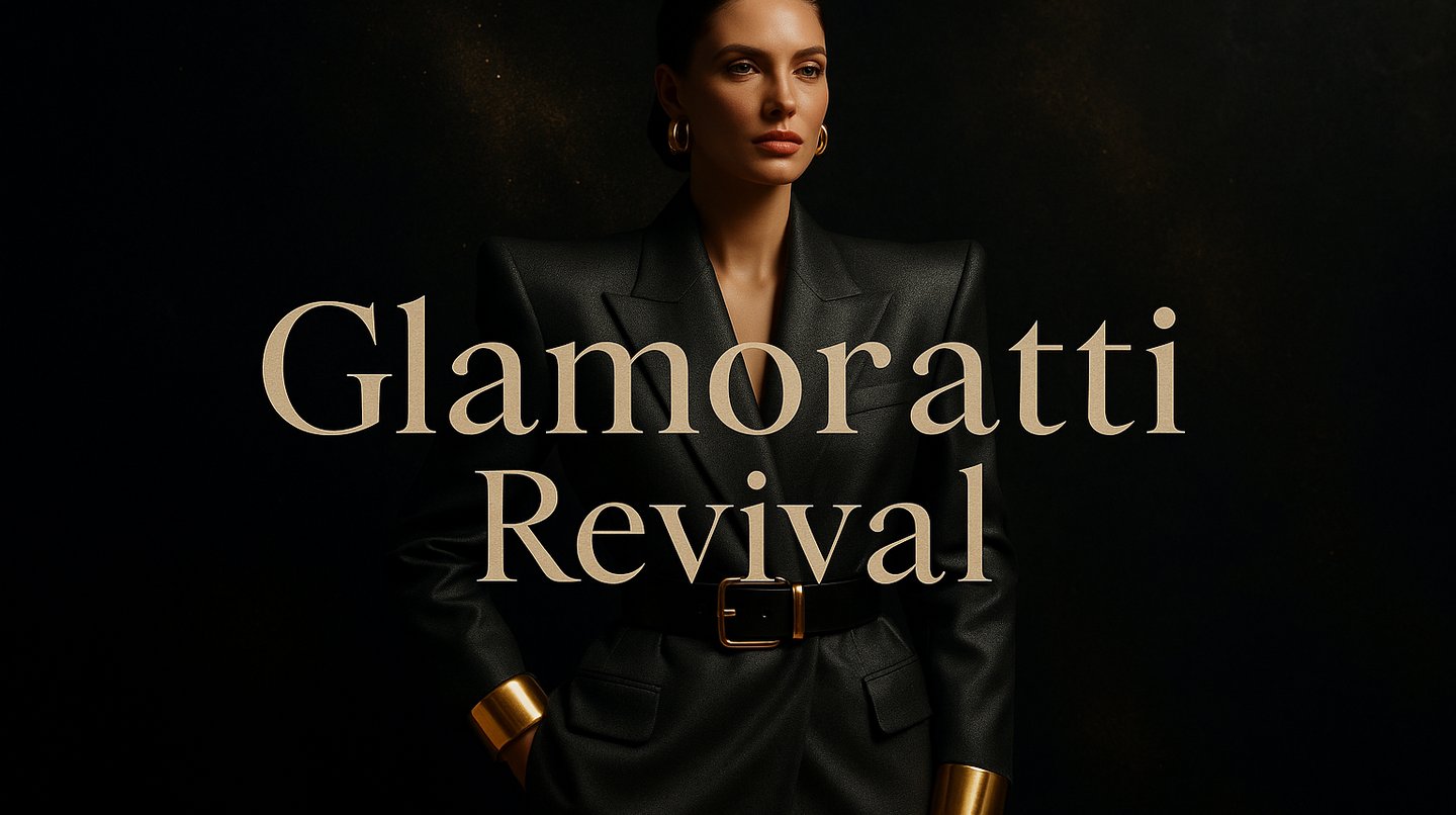 High-fashion editorial scene featuring a model in a sculpted-shoulder oversized suit