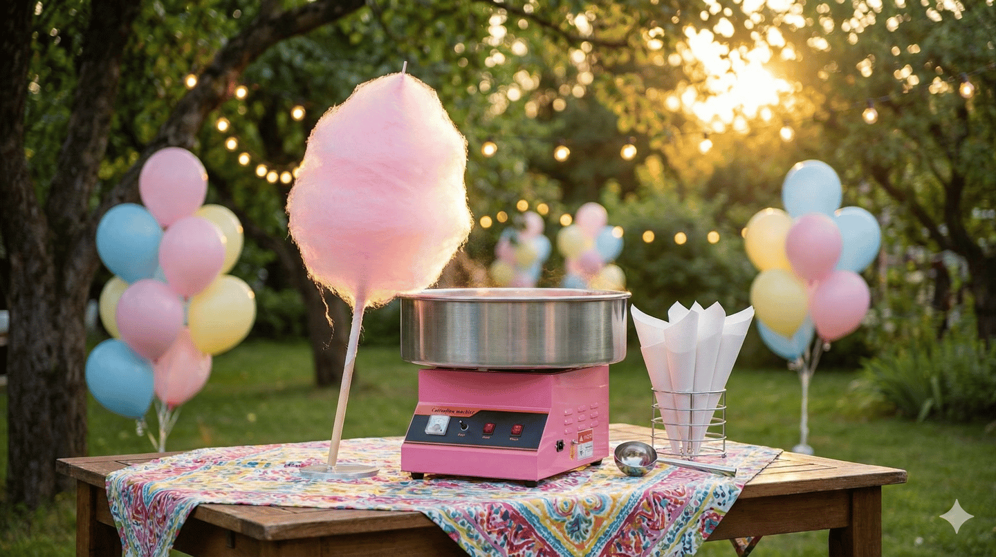 rofesionalus rožinis cukraus vatos aparatas, gaminantis purią vatą vaikų šventėms – Batutynas.lt