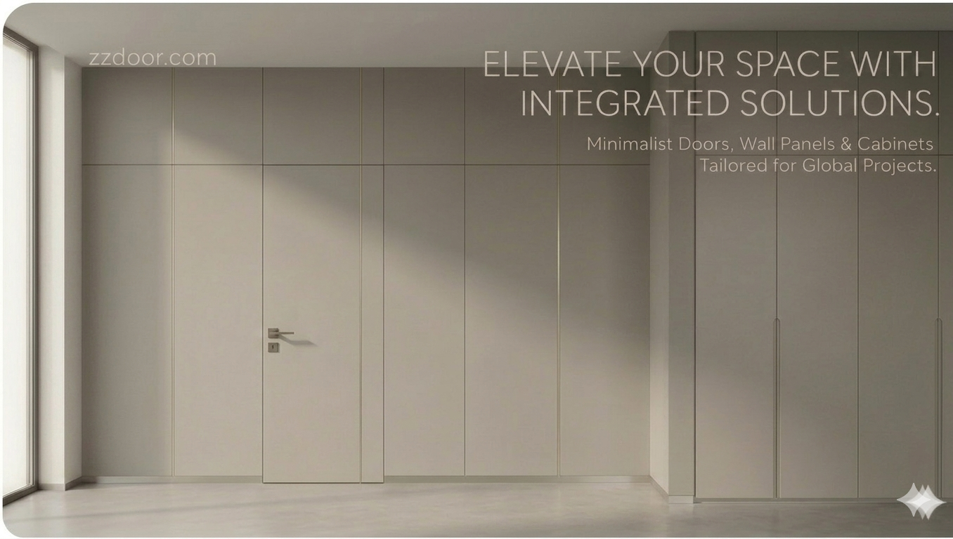Modern minimalist integrated solution featuring seamless door, wall panel, and cabinetry for project